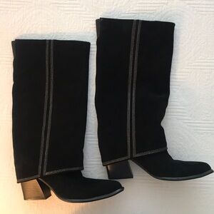 New Marc Fisher Ruley Black Suede Fold Over Boots Top Stitching Western Size 8